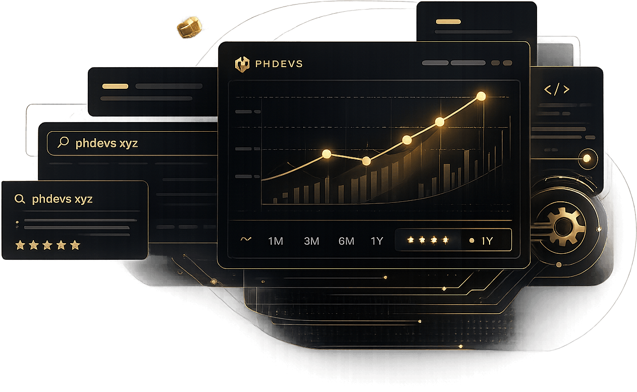 A PHDevs analytics dashboard showing search performance rising over time, surrounded by search result, customer review, and code panels.